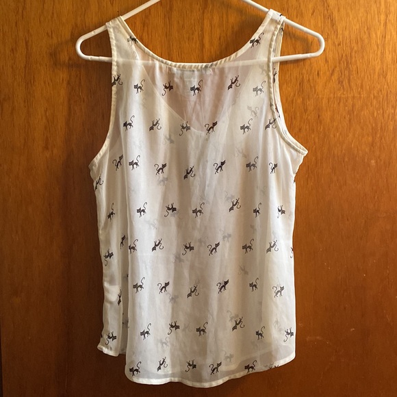 American Rag Black Cat Print Sheer Sleeveless White Top - Picture 2 of 3